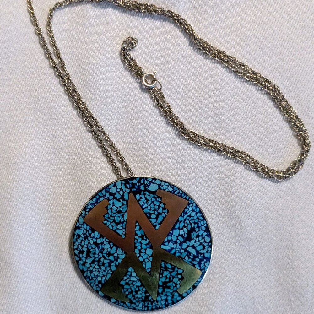Artisan Taxco Mexico Sterling Silver Inlay Pin-Pendant | Turquoise Chip Design